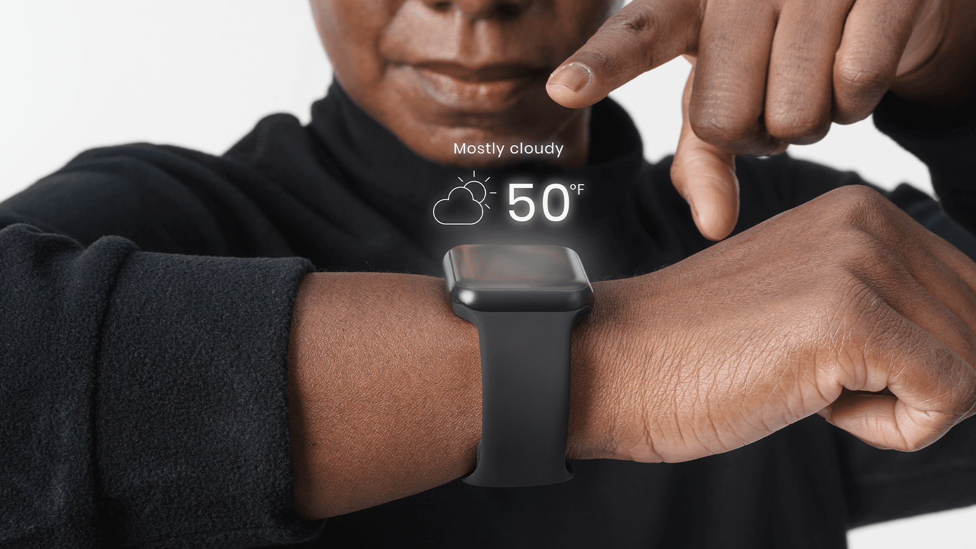 The image shows a person touching a smart watch, symbolizing haptic feedbacks.