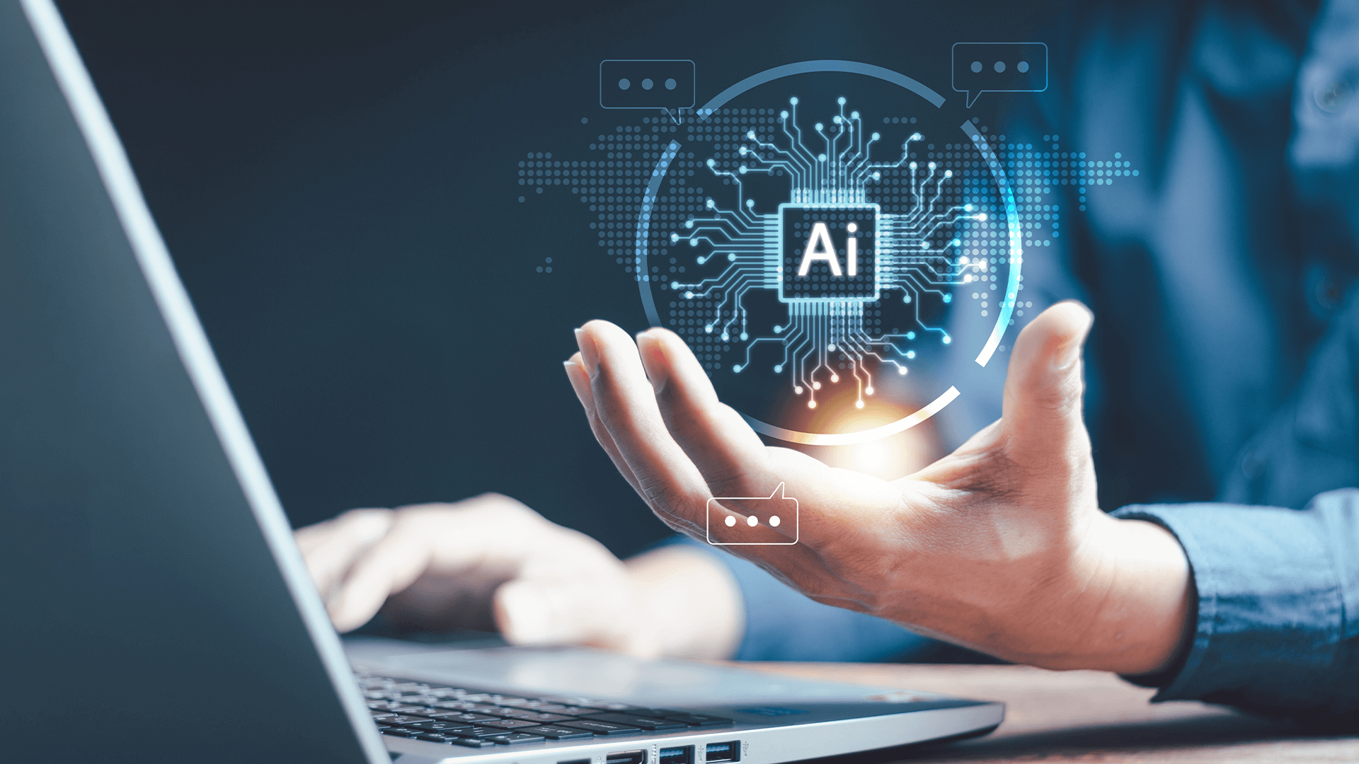 The importance of the AI system is symbolized by an image of AI in a human hand.