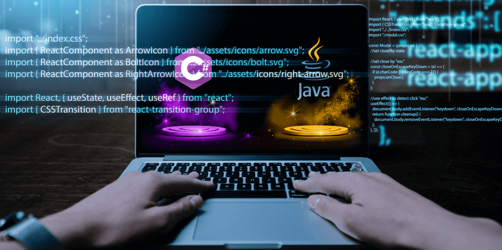 An IMAGE of a computer and lots of code, symbolizing the difference between C# vs Java.