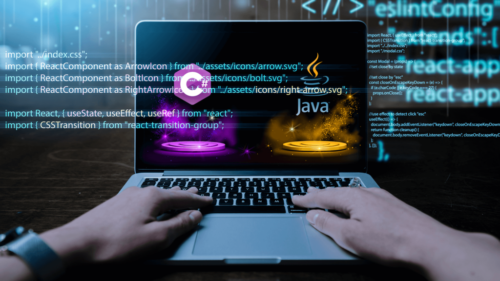An IMAGE of a computer and lots of code, symbolizing the difference between C# vs Java.