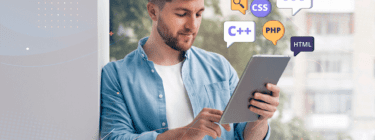 Man looking at his tablet, with a lot of languages illustrations, symbolizing the best web development languages.