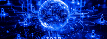 Globe with icons and sparkles, written 2025, symbolizing the Gartner Tech Trends.