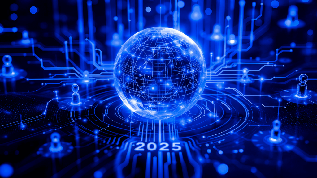 Globe with icons and sparkles, written 2025, symbolizing the Gartner Tech Trends.