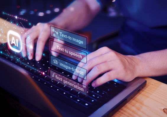 Businessman using ai generate customer support laptop assistant to symbolize digital experiences.