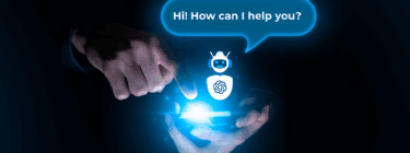 Robot with a balloon "Hi! How can I help you" ChatGPT Applications.